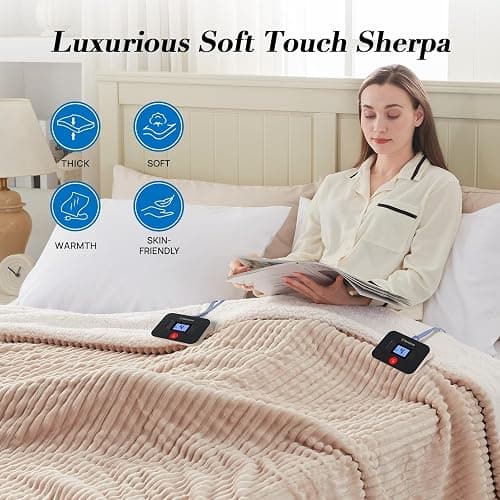 Westinghouse Queen Size Electric Blanket, Flannel to Sherpa Reversible, Heated Blanket Queen with Dual Control 10 Heating Settings & 1-12 Hours Auto Shut Off, Machine Washable, (84" x 90", Beige) thumbnail 5