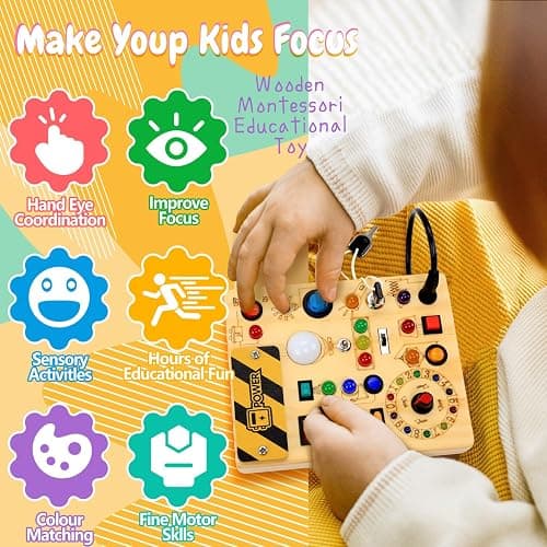 Busy Board with LED Light Switches, Montessori Toys for 1 2 3 Years Old, Toddlers Wooden Toy Sensory Activity Board, Travel Toys for 1+ Year Old Boy & Girl Birthday Gift thumbnail 5
