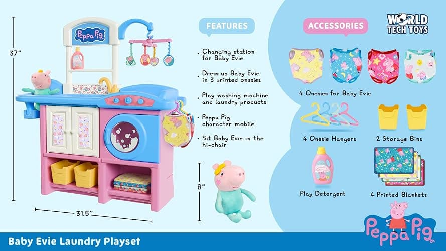 World Tech Toys Peppa Pig Baby Evie Playset – 8" Plush, Pink Nursery Station, High Chair, Play Washing Machine - Role-Play Playset - Ages 3+ thumbnail 5