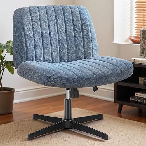 DUMOS Criss Cross Legged Chair Wide Comfy Home Office Desk Seat, No Wheels Armless Computer Task Seating, Swivel Vanity Chair Height Adjustable for Makeup Bedroom, Fabric Blue - Image 1