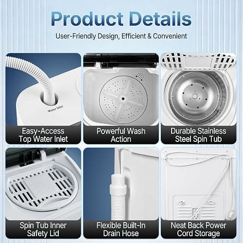 SUPER DEAL Compact Mini Twin Tub Washing Machine 13lbs Capacity Portable Washer Wash and Spin Cycle Combo, Built-in Gravity Drain for Camping, Apartments, Dorms, College, RV’s and Small Spaces thumbnail 7