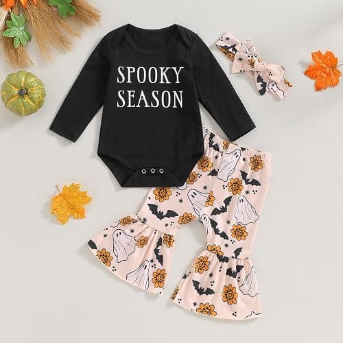Newborn Baby Girl Halloween Clothes Long Sleeve Romper Tops Pumpkin Bell-Bottom Pants Headband Infant Fall Outfits thumbnail 2