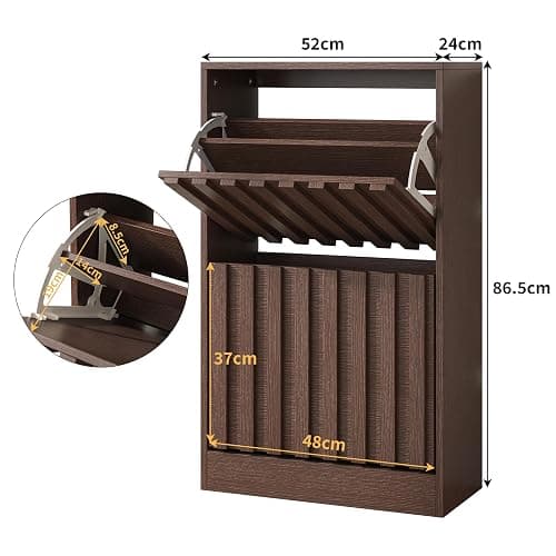 UEV Slim Wooden Shoe Storage Cabinet with 2 Flip Drawers, Modern Narrow Shoe Storage Unit with Ventilated Design, Space-Saving Entryway Shoe Rack, Walnut thumbnail 2