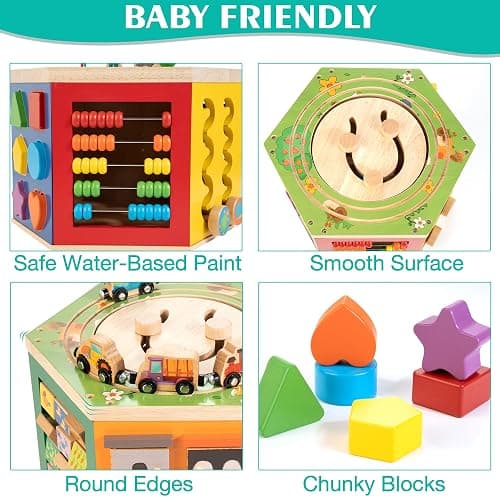 Large Activity Cube, 9-in-1 Farm-Themed Wooden Play Center, Multipurpose Montessori Toy for 1-2 Year Old Baby Toddler Kid, First Birthday Gift | Bonus Magnetic Train Cars thumbnail 7