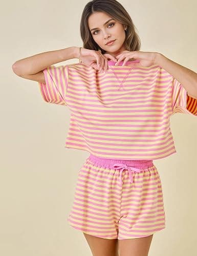 MSBESYOR Striped Set for Women Summer 2 Piece Lounge Sets Casual Pajamas Matching Set Short Sleeve T-Shirt and Shorts Outfits thumbnail 2