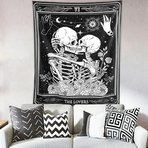 KJHL The Lovers Skull Wall Tapestry, Black and White Skeleton Wall Hanging | Gothic Room Decor,Dark Vertical Tarot Backdrop, Witchy Aesthetic Tapestries for Bedroom Living Room Dorm 60" x 44" thumbnail 3