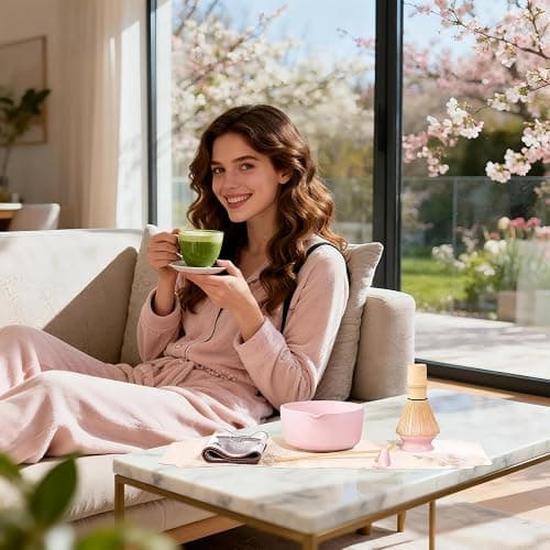 Pink Traditional Matcha Set Whisk and Bowl, 8 Pcs Matcha Making Kit Includes Ceramic Bowl with Spout, Bamboo Whisk, Holder, Scoop, Sifter, Tea Towel Cloth and Mat-Ceremonial Matcha Starter Kit Gift thumbnail 5