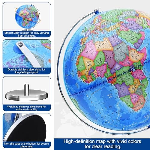 World Globe for Children and Adults, 12 inch Educational Spinning Earth Map with Stand, Self-Assembled Interactive World Globes for Kids Learning, Classroom, Students Desk, Room and Office Decor thumbnail 3