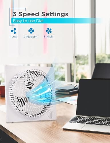 BLACK+DECKER 9-Inch Frameless Box Fan, Freestanding Desk Fan with 3-Speed Settings, Portable Fan for Home Office or Garage, BFB09W, White thumbnail 5