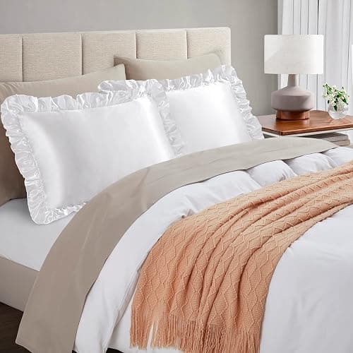 HommxJF Silky Satin Ruffled Pillow Cases for Hair and Skin,White Silk Pillowcases Queen Set of 2 with Envelope Closure Princess Room Decoration thumbnail 2