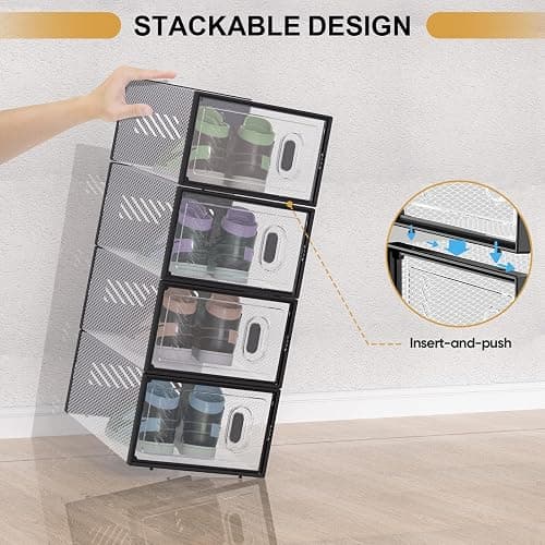 BALEINE 12 Pack Stackable Shoe Storage Boxes Fit Size 9, Thickened Clear Shoe Box Bins with Lids, Plastic Foldable Organizer Sneaker Storage Containers (Large, Black) thumbnail 6