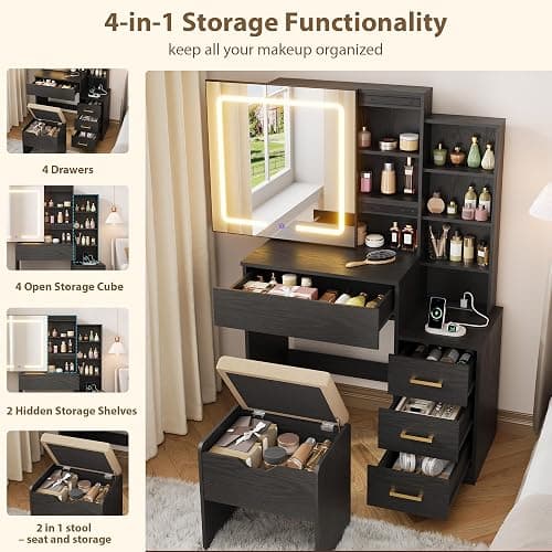 GarveeHome Makeup Vanity Desk with Sliding Mirror, Vanity Dressing Table with 3 Color Adjustable Lights, Girls Vanity Set with Stool, 4 Compact Vanity Drawers, Power Outlet, Black thumbnail 4