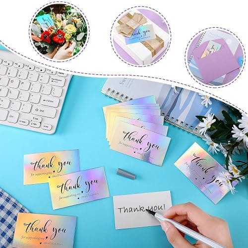 Outus 620 Pieces Thank Cards and Stickers Set Thank Gold Foil Stickers for Supporting My Small Business with Resealable Packaging Bag, Suitable for Business Owners (Holographic) thumbnail 5