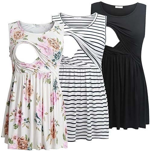 Bearsland Women's Maternity Nursing Tank Tops Sleeveless Scoop Neck Breastfeeding Shirt Pregnancy Clothes - X-Large - Black&white Stripe&white Flower
