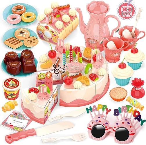 82 PCS Birthday Cake Food Play Set - Food Toy Pretend Cutting Play Cake Desserts Ice Cream and Donuts Food Toys - Birthday Gifts Toy Set for Boys Kids Girls - Image 1