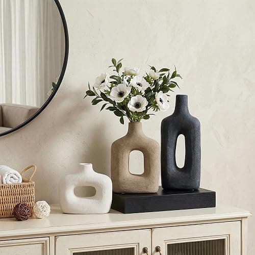 DREAMLOOM Ceramic Vase Set of 3, Modern Rustic Flower Vases for Pampas Grass, Dried & Fresh Flowers, Farmhouse Decorative Vase for Living Room Bedroom Kitchen Shelf Centerpiece, Black thumbnail 4