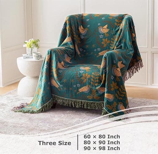 Boho Throw Blanket for Bed 100% Cotton Ultra Soft Rustic Quilt Queen Blanket Bird Floral Printed Farmhouse Decor Large Fall Bed Blankets,90"×98" All Season Rustic Throw for Sofa Couch Chair thumbnail 6