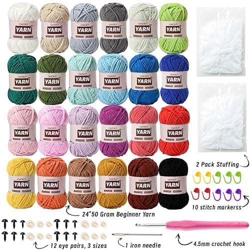 24 Pack Chenille Velvet Yarn - Baby Yarn for Crocheting Soft - Amigurumi Yarns Set with 1200g(1574yd) Crochet Yarns Crochet Hook、Stitch Markers、Fluffy Stuffing、Accessories thumbnail 2