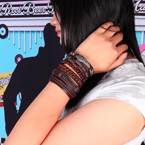 Manfnee 6-12PCS Braided Faux Leather Bracelet Punk Cuff Wrap Bracelets for Men Women Adjustable thumbnail 4