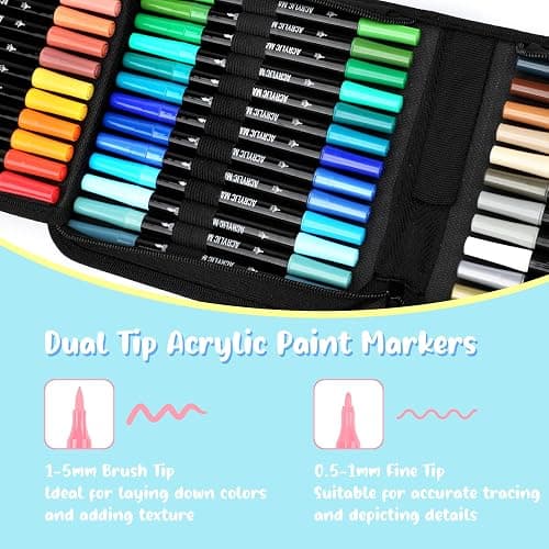 Pagather 48 Colors Acrylic Paint Markers, Dual Tip with Fine Tip and Brush Tip Pens for Stone, Wood, Calligraphy, Canvas, Ceramic, Metal, Glass, Rock Painting, DIY Crafts Art Supplies Kit thumbnail 3