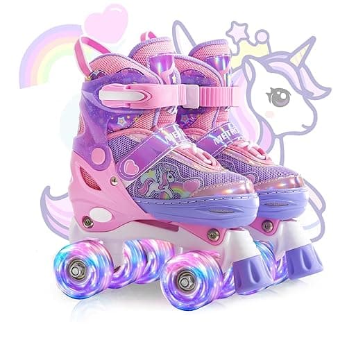 METROLLER Kids Roller Skates Girls Ages 4-6 5-8 8-12 Adjustable Toddler Roller Skates Shining Wheels Little Unicorn Sports Outdoors - Purple - Small-Little kid (10c-13c US)