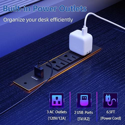 Furologee 61" Gaming Desk with Power Outlets & LED Lights, Reversible Computer Desk with File Cabinet & Monitor Stand for Home Office, Large Work Table with Storage Shelves & Drawer, Black thumbnail 4