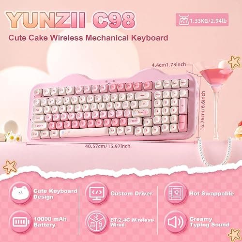 YUNZII C98 Wireless Mechanical Keyboard with Number Pad,99 Key BT5.0/2.4G/USB-C Hot Swap Gasket Mount with PBT MOA Keycaps,Custom RGB,Cute Cake Keyboard for Win/Mac (Pink, Milk V2 Linear Switch) thumbnail 2