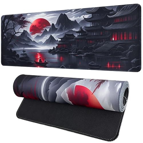 Vanzard Large Gaming Mouse Pad, Anime Black Mousepad with Stitched Edges, Expanded Cool Desk Mat, Japanese Red Moon XL Keyboard Mat Suitable for Home Office,31.5 X 11.8 Inch - Image 1
