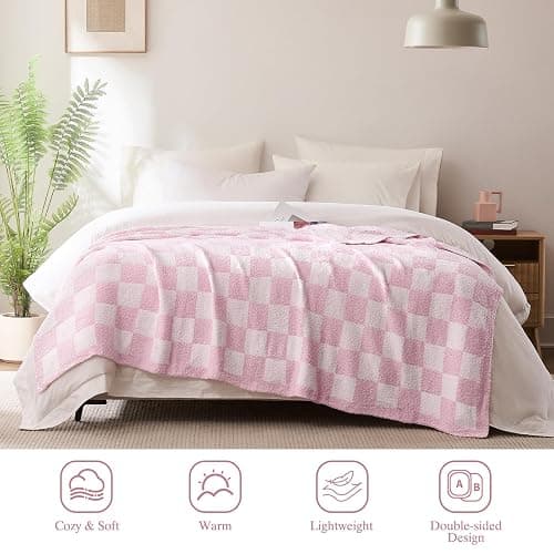 Cozzenity Checkered Throw Blanket, Pink Soft Cozy Fluffy Knitted Throw Blankets for Couch, Sofa, Bed, Chair, Warm Fuzzy Travel Picnic Lightweight Plaid Blanket, 50x70 inches thumbnail 2