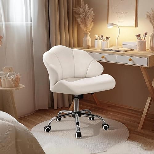 Yaheetech Cute Velvet Desk Chair Shell-Shaped Back Vanity Chairs Modern Swivel Desk with Wheels Adjustable Height for Home Office Bedroom White - White thumbnail 4