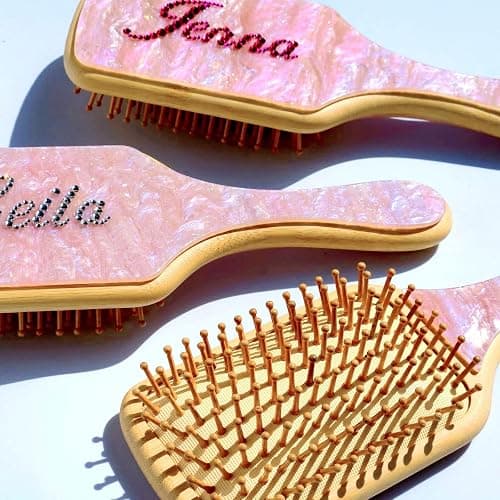 Personalized Rhinestone Hair Brush with Name - Custom Bling Hairbrush for Women & Girls, Handmade Marble Bamboo Wood Brush for Scalp Massage, Detangling, Gifts(Pink Sugar) thumbnail 5
