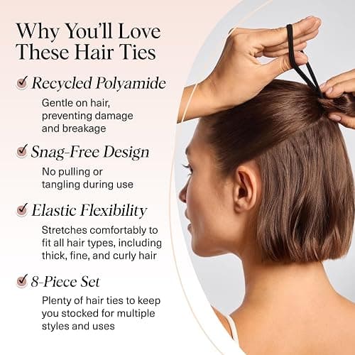 Kitsch Hair Ties No Damage - Strong, Stretchy Hair Bands | Soft Nylon Ponytail Holders, Snag-Free Rubber Bands, Perfect for Updos & Braids | Ideal Gifts for Women - Black, 8pcs thumbnail 2