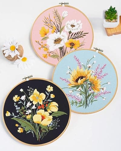 Santune 3 Pack Flower Embroidery Kit for Beginners Adults Cross Stitch Kits for Beginners Hand Embroidery with Plant Patterns and Instructions DIY Kits for Adults with Hoops,Threads and Needles thumbnail 2