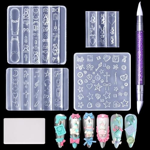 Laza 4pcs Y2K Silicone Nail Molds, Multiple Rabbit Shapes Nail Molds | Reusable Nail Molds for Nail Art, Good Elasticity, 3D Nail Mold, Rabbit,Caps,Scissors,Pistols with Scraper & Pen - Image 1