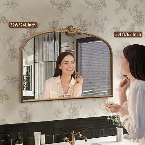 Besdomus Vintage Arched Gold Mirror: 32"x24" Large Gold Vintage Wall Mounted Mirror - Baroque Traditional Ornate for Entryway/Fireplace/Bathroom/Hallway - Home Decor for Fashion-Conscious thumbnail 3