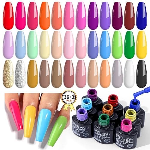 SAVILAND 36 Colors Gel Nail Polish Set: 39 PCS All Season Gel Nail Polish Sheer Glitter Solid Charm Colors with Base Gel Glossy Matte Top Polish Set Christmas Gifts for Manicure Nail Art - Image 1