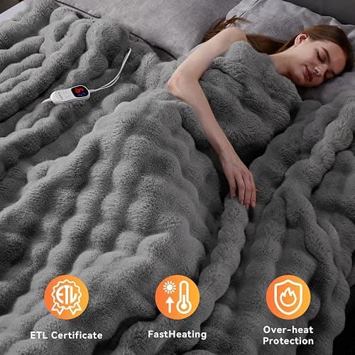 Anysay Heated Blanket Throw with 1/2/4/6/8 Hours Auto-Off 10 Heat Level, 50'' * 60'' Cozy Faux Rabbit Fur Bubble Electric Blanket with Overheat Protection(Light Grey) thumbnail 5