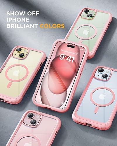 Miracase Glass Series for iPhone 15 Case [Compatible with MagSafe] Full-Body Magnetic Case with Built-in 9H Tempered Glass Anti-Fingerprint Screen Protector + Camera Lens Protector, Pink and Clear thumbnail 7