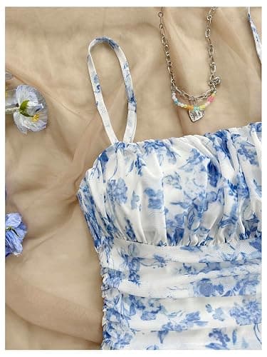 SHENHE Girl's Floral Ruched Spaghetti Strap Sundress Mesh A Line Flowy Boho Mini Dress thumbnail 4