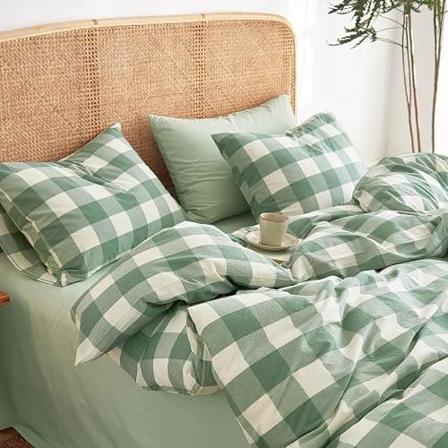 Wake In Cloud - Gingham Cotton Duvet Cover Set, Plaid Buffalo Check Checkered Farmhouse, 100% Washed Cotton Textured Percale Bedding Set, 3 Pieces, Green White, Full Size thumbnail 5