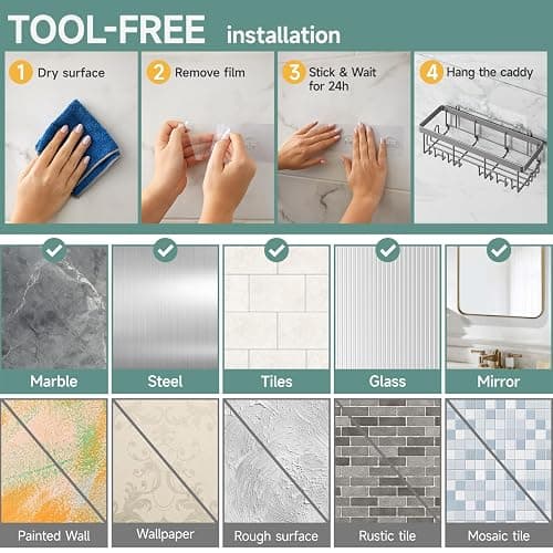 Veken 6-Pack Rustproof & Waterproof Shower Caddy, Adhesive Shelves Rack, Large Capacity Bathroom, College Dorm & Apartment Organizers, No-Drill Wall Mount Living Room & Bedroom Decor, Light Grey thumbnail 7