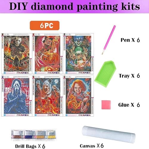 Sretoul 6 Pack Halloween Diamond Art Kits for Adults, Diamond Painting Kit Beginners Halloween, Horror 5D Gem Art for Adults with Round Gem Painting Gift Home Wall Decor 12x16 Inch thumbnail 4