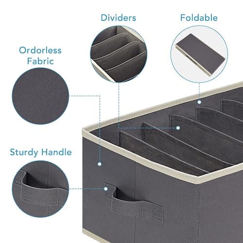 Baesyhom 3 Pcs Large Size Wardrobe Clothes Organizers 6 Grids for Pants, Jeans, Sweater, T-shirt, Dress Stackable Closet Drawer Organizer Storage Bin Container with Sturdy Handles, Dark Grey thumbnail 4