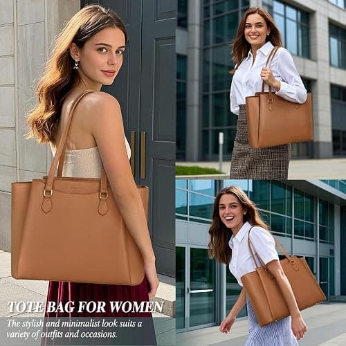 RAINSMORE Laptop Bag for Women 15.6 Inch Work Tote Bags Waterproof Computer Bags Leather Professional Laptop Purse Womens Laptop Briefcase Large Handbag for Office Teacher Travel, Brown thumbnail 2