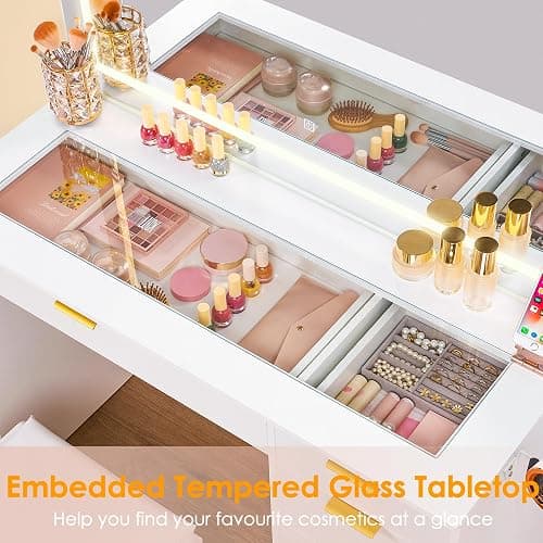 ANWBROAD 39" Makeup Vanity Desk with Mirror and Lights with 6 Drawers and Charging Station Girls Vanity with Glass Top,3 Color Modes Adjustable,White for Bedroom UBDT79A thumbnail 3