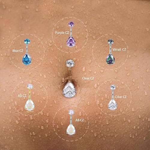 AROWRO Gold Belly Button Ring G23 Titanium Hypoallergenic 14G belly ring for Women Men Teardrop Navel Piercing Jewelry 10mm Barbell With Cubic Zircon thumbnail 4