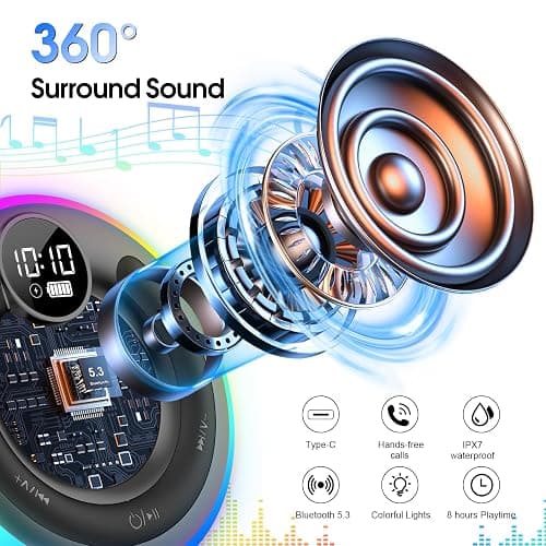 Bluetooth Speaker, Shower Speaker Stereo Sound, IPX7 Waterproof Speakers, Digital Display Portable Speaker with Suction Cup, LED Light, Small Wireless Speakers for Outdoor Party Beach Bathroom, Black thumbnail 2