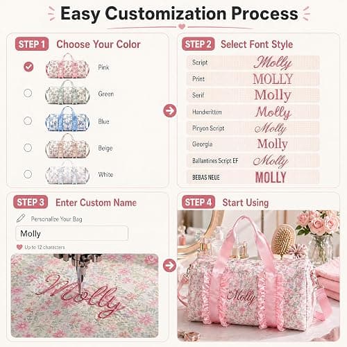 Personalized Custom Embroidered Ruffle Duffle Bag for Teen Girls | Custom name embroidery, cute ruffle trim, large duffle bag for sleepovers, school, trips. Lightweight 0.8lb, water-resistant thumbnail 8