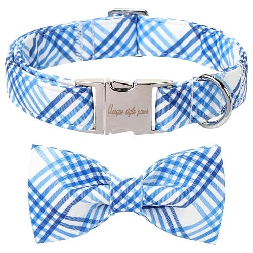 Unique style paws Cotton Dog Collar with Bow Spring Summer Collar with Blue White Grid for Small Medium Large Boys Girls Dogs - Image 1
