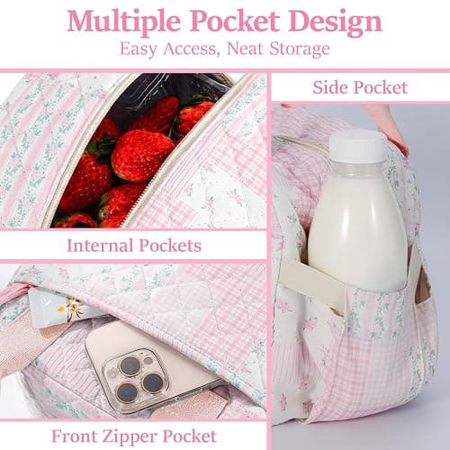WOBAGMEN Quilted Lunch Box for Adult Women,Cute Floral Insulated Lunch Tote with Front Zipper Pocket, Aesthetic Coquette Style Reusable Lunch Box Bag for Work Gym Travel Picnic (pink hua pin, M) thumbnail 6